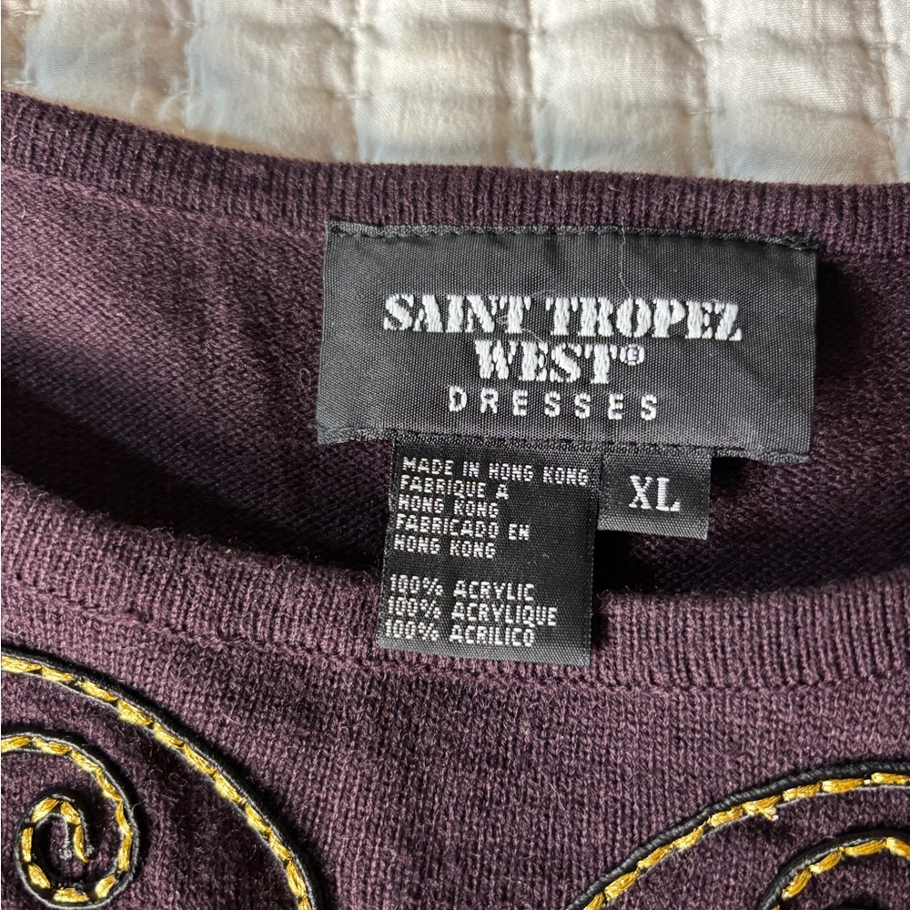 Saint Tropez West Embroidered Sweater Dress XL Purple Boho Cottagecore Winter - Picture 3 of 7